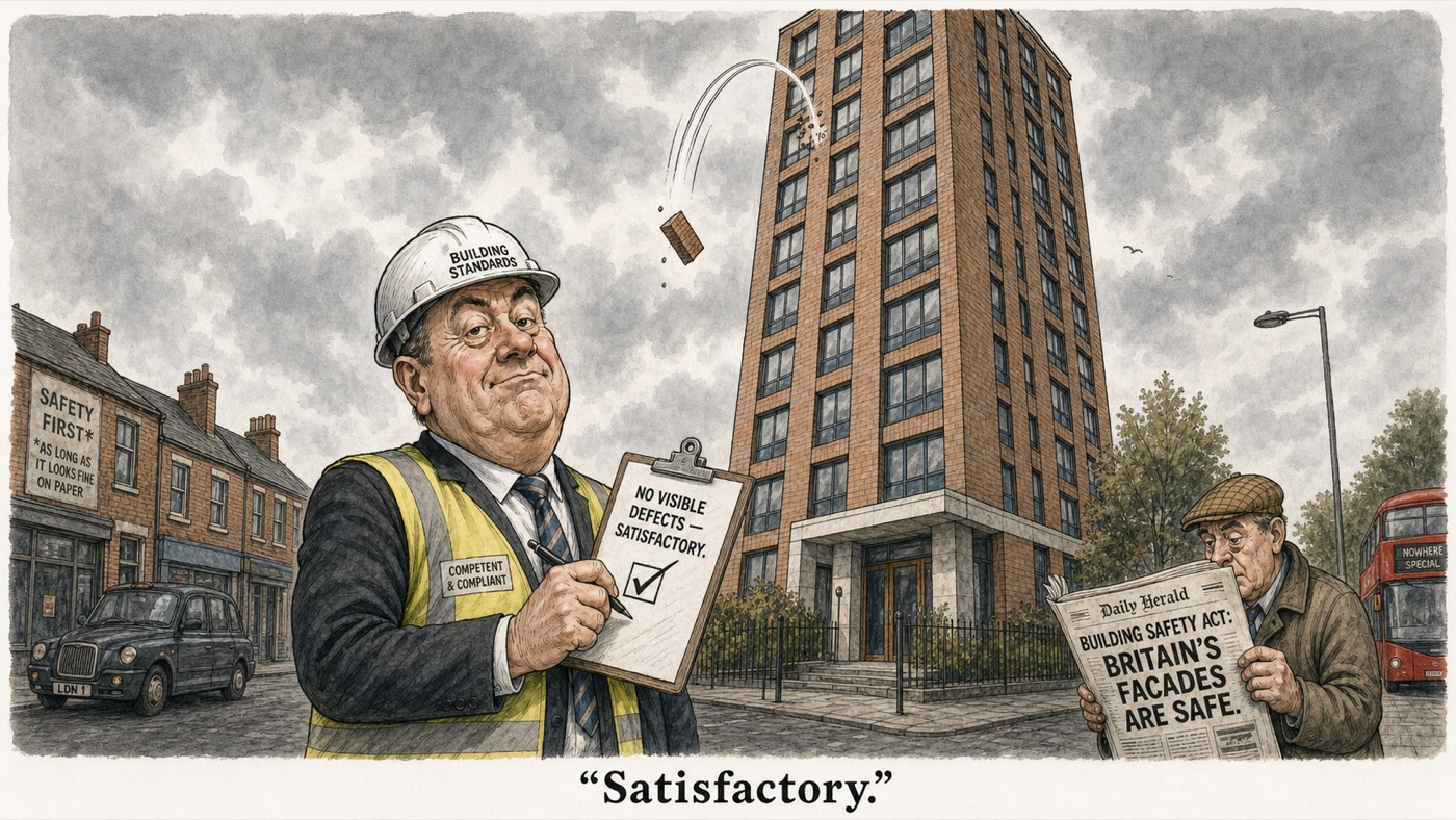 A building-standards inspector marks a tower block 