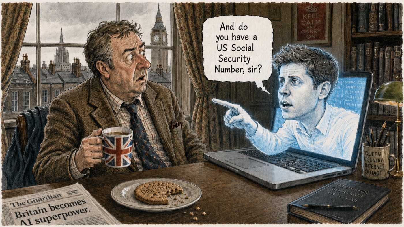 A man at a Westminster desk holds a Union Jack mug while a ghostly figure leans out of his laptop screen asking 