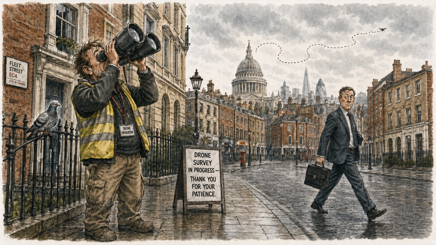 A drone operator in a hi-vis vest scans a City of London street through binoculars beside a 