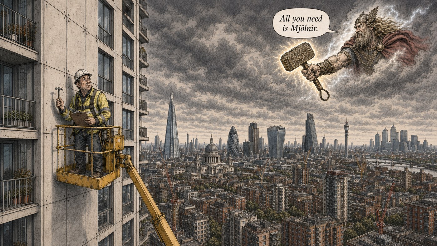 A building inspector on a cherry-picker taps a tower's facade with a hammer over a London skyline of the Shard, St Paul's and the Gherkin, while a giant Thor-like figure reaches down from storm clouds holding Mjolnir, saying 