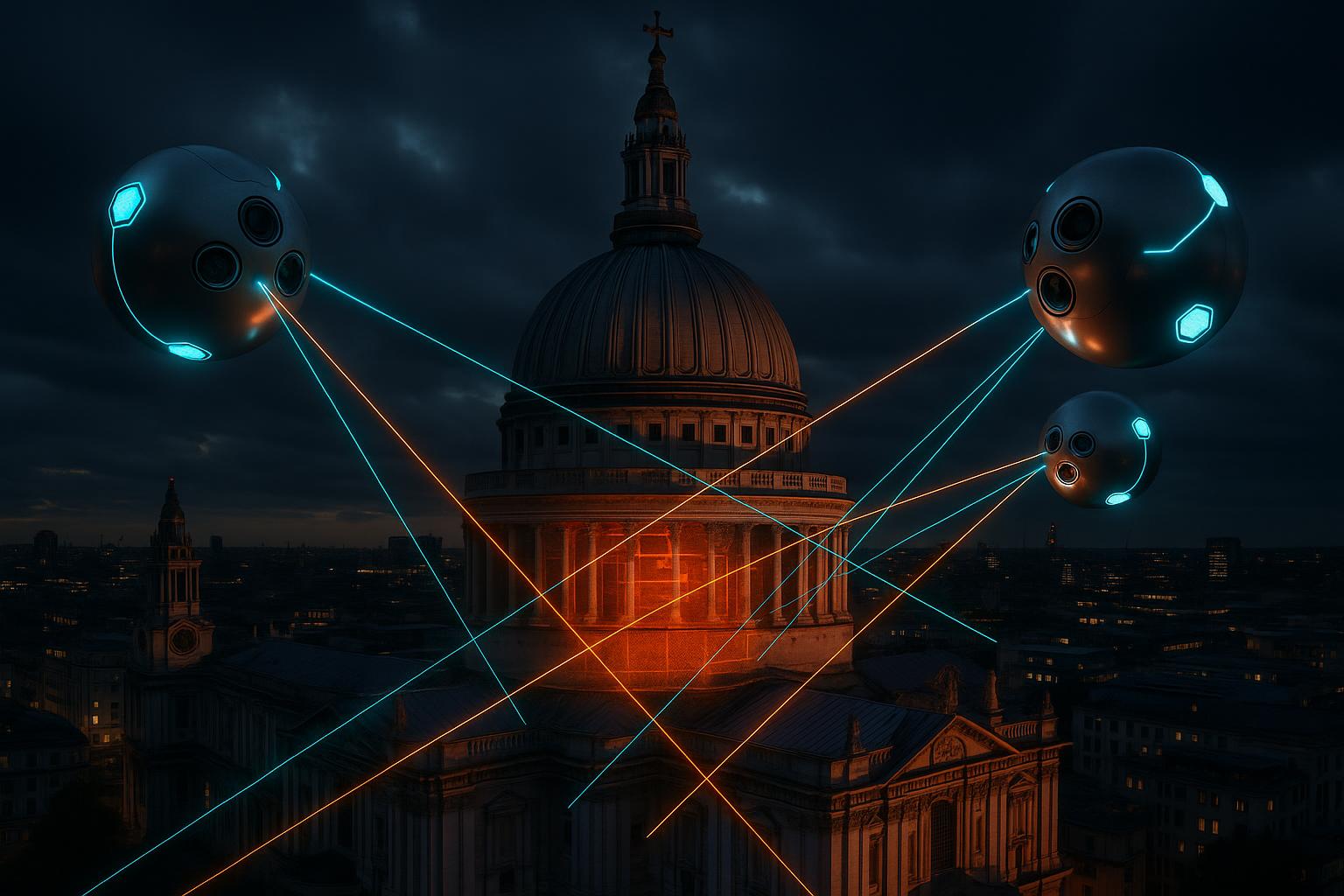 Three spherical drones with scanning beams performing coordinated inspection of St Paul's Cathedral