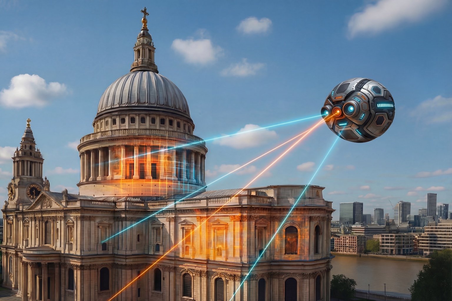 Spherical drone with three sensors scanning St Paul's Cathedral in London during daytime